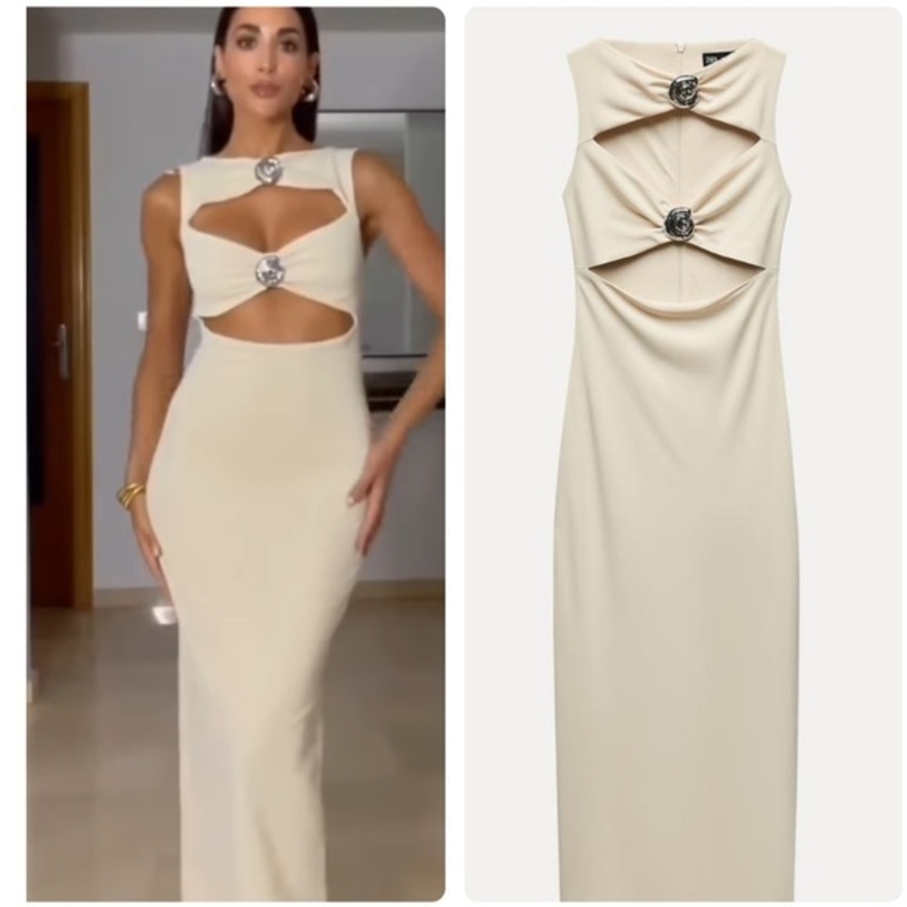 Zara Cream Midi Dress with Cut-Out Design